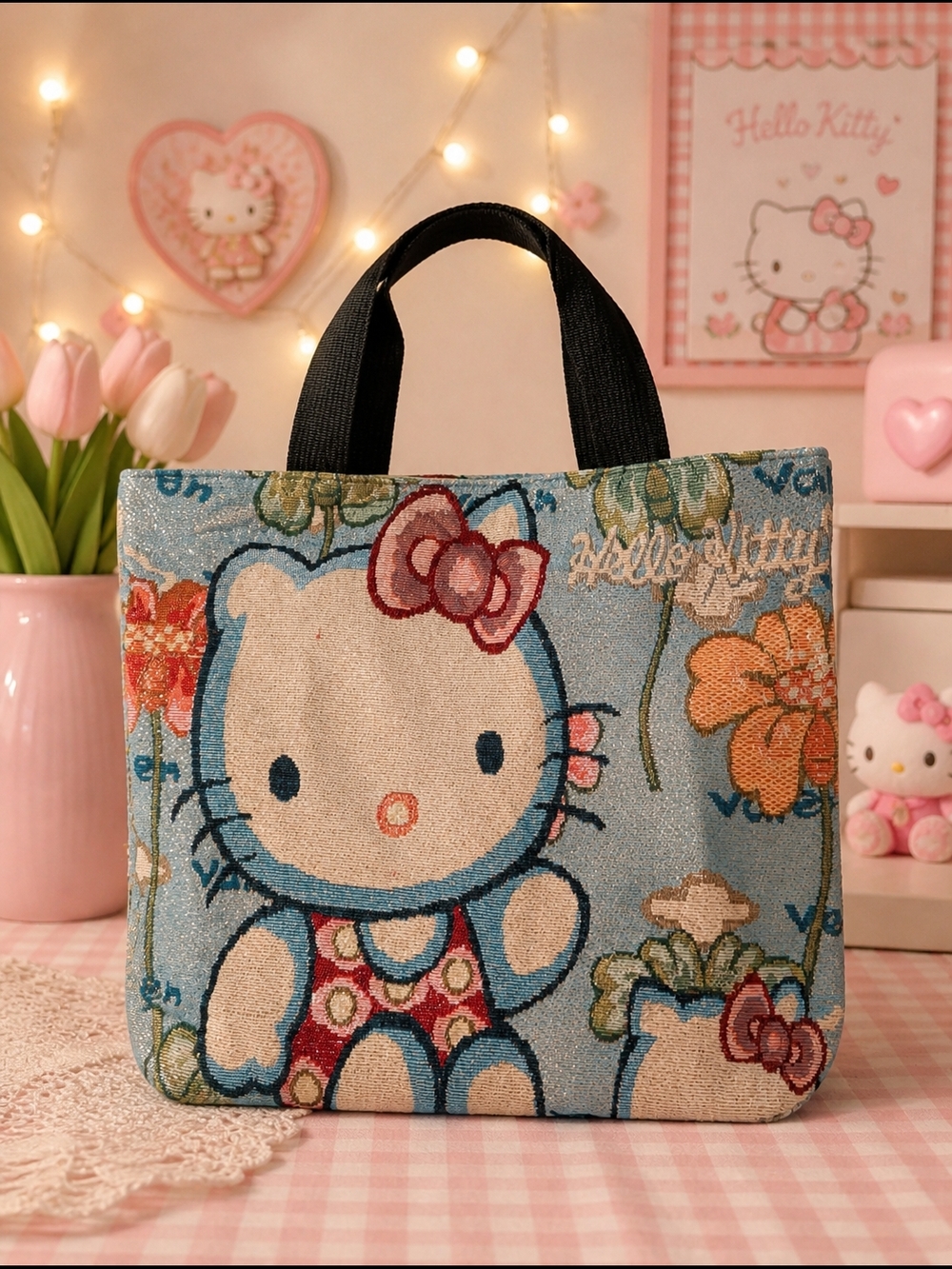 Hello Kitty Blue Floral Tapestry Tote with Black Handles